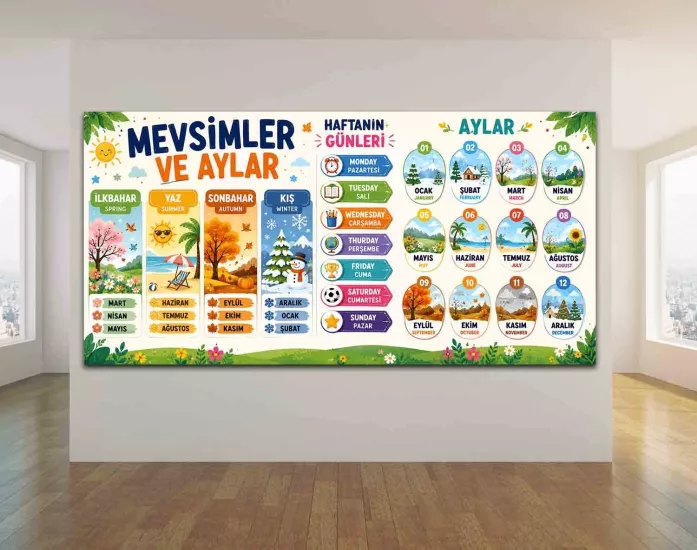İngilizce Mevsimler Aylar Günler Okul Posteri