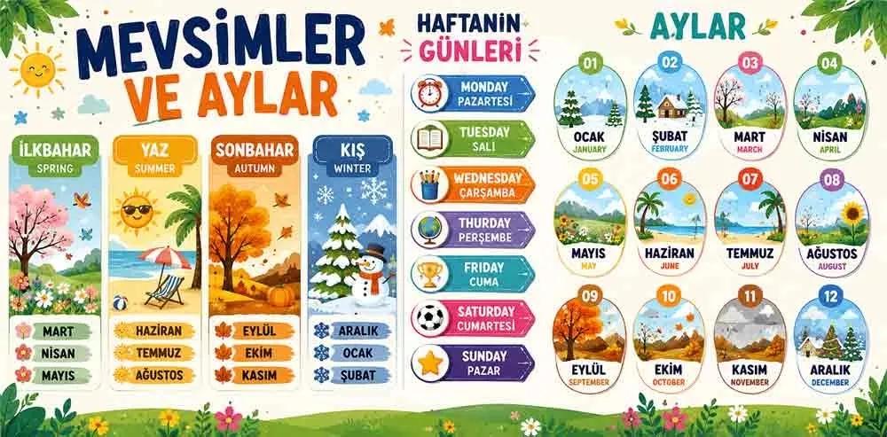 İngilizce Mevsimler Aylar Günler Okul Posteri