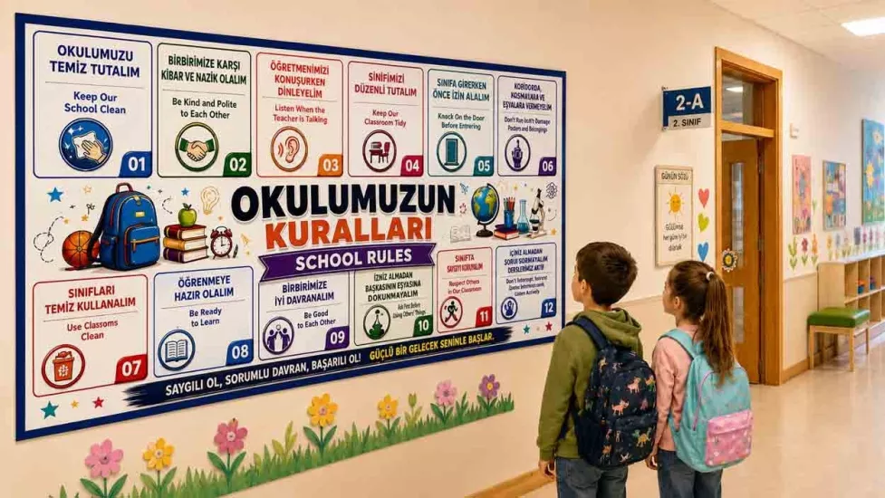 Okul Kuralları Posteri İngilizce Türkçe