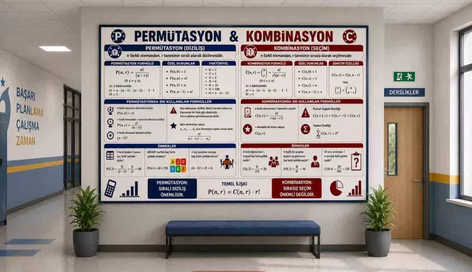 Permütasyon Kombinasyon Matematik Okul Posteri