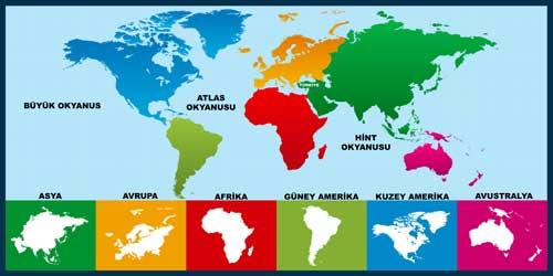 Kıtalar ve Okyanuslar Haritası Okul Posteri