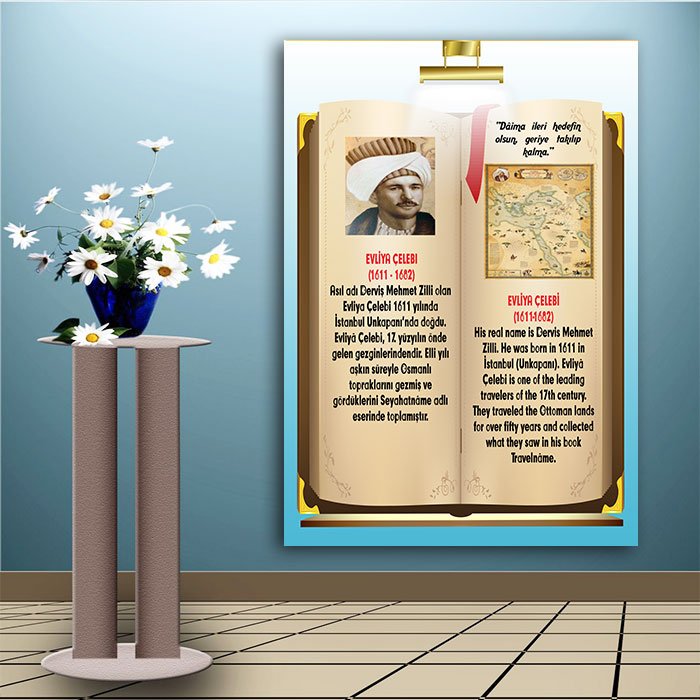 İngilizce Türkçe Türk Büyükleri Evliya Çelebi Ders afişi Poster