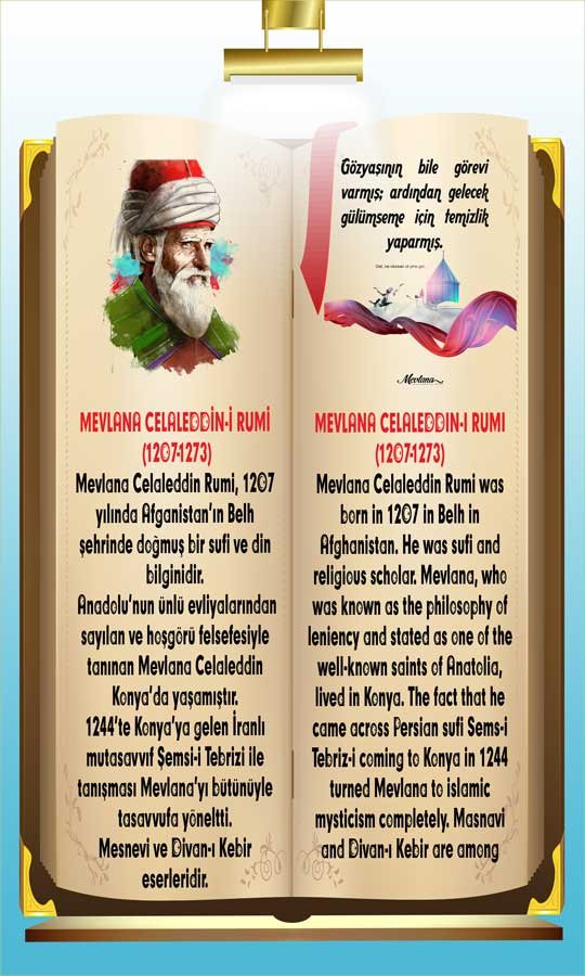 İngilizce Türkçe Türk Büyükleri Mevlana Ders afişi Poster