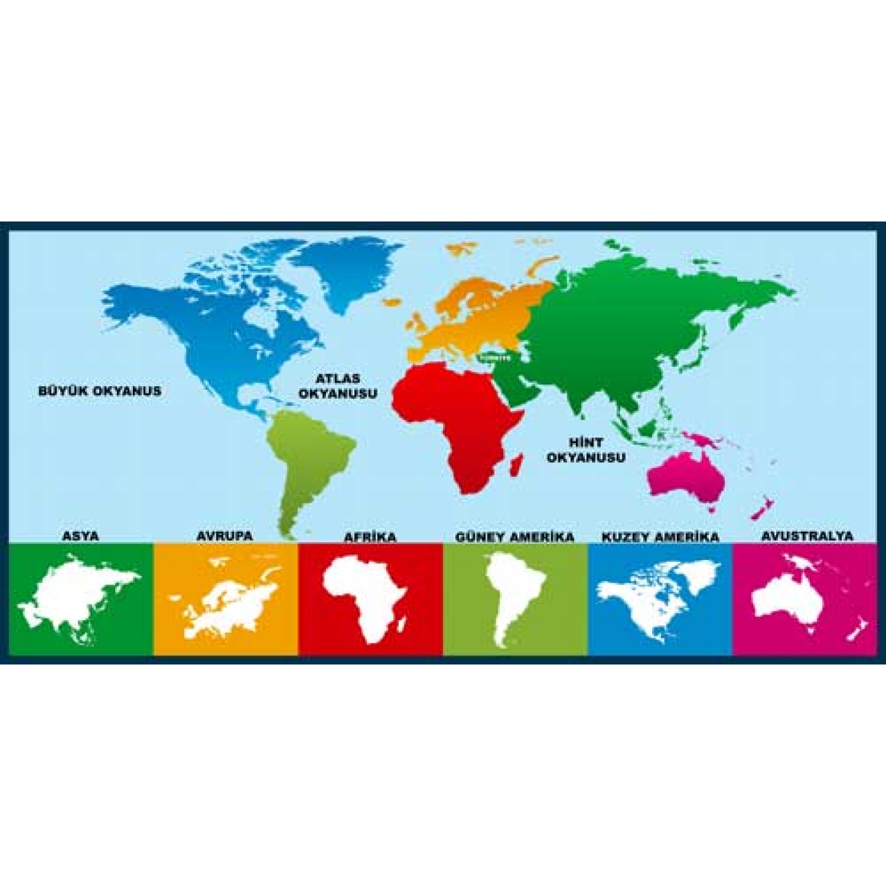 Kıtalar ve Okyanuslar Haritası Okul Posteri