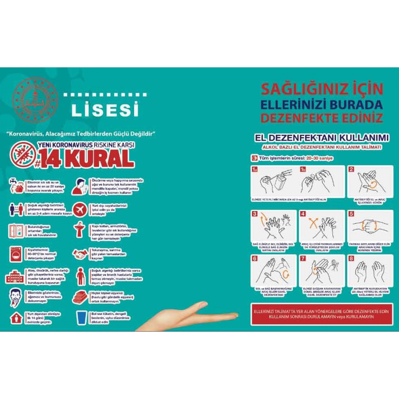 Dezenfektan Arkası 14 Kural Ve El Yıkama Okul Posteri